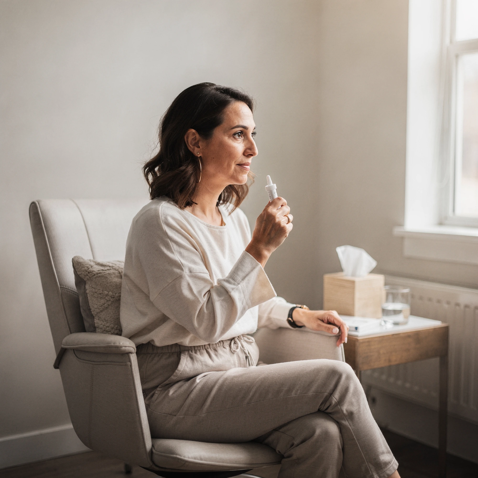 Patient using a nasal spray device during Spravato treatment at Myndful Wellness